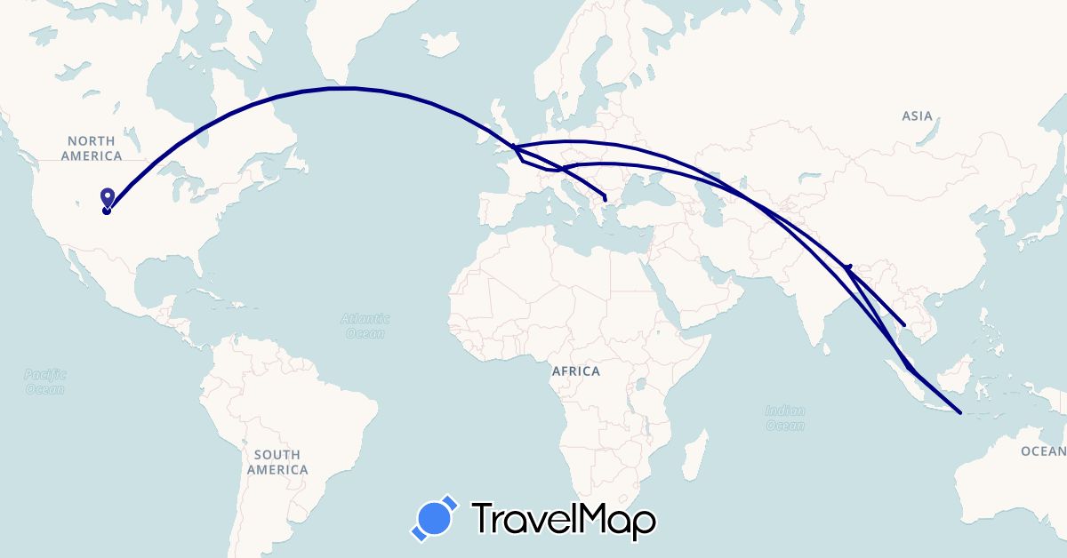 TravelMap itinerary: driving in Austria, Bulgaria, Switzerland, France, United Kingdom, Indonesia, Malaysia, Nepal, Singapore, Thailand, United States (Asia, Europe, North America)